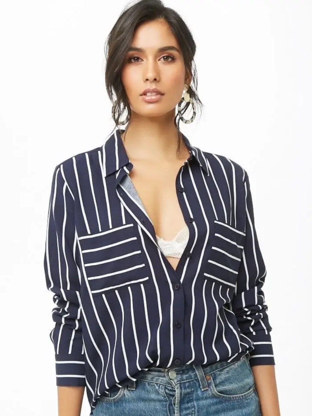 Allison Joy Navy and White Vertical Stripe Button-Down Shirt